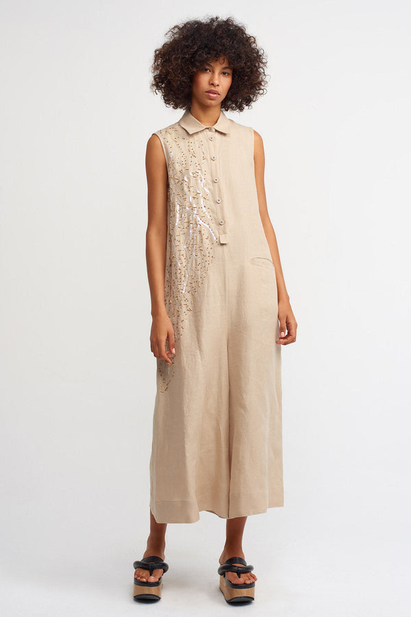 Nu Embellished Detail Jumpsuit Beige