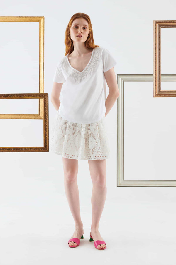 Roman Fringed Detailed T-Shirt White