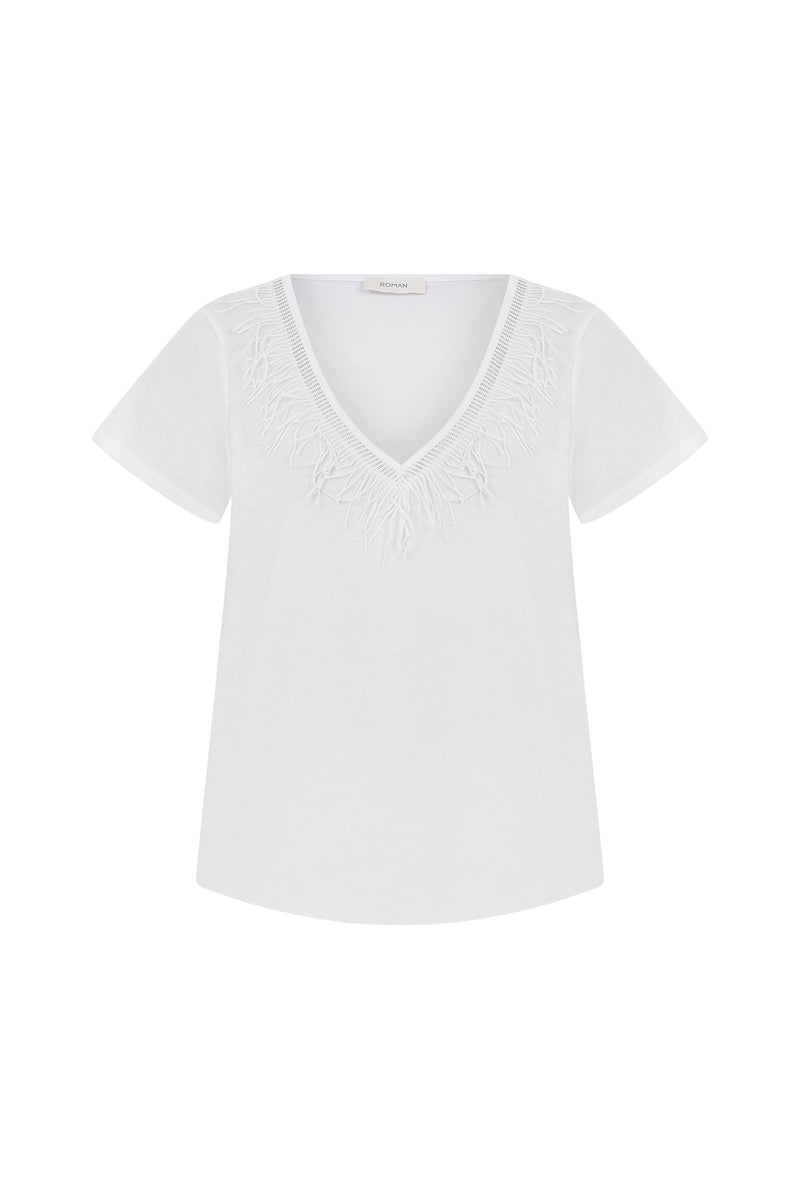 Roman Fringed Detailed T-Shirt White