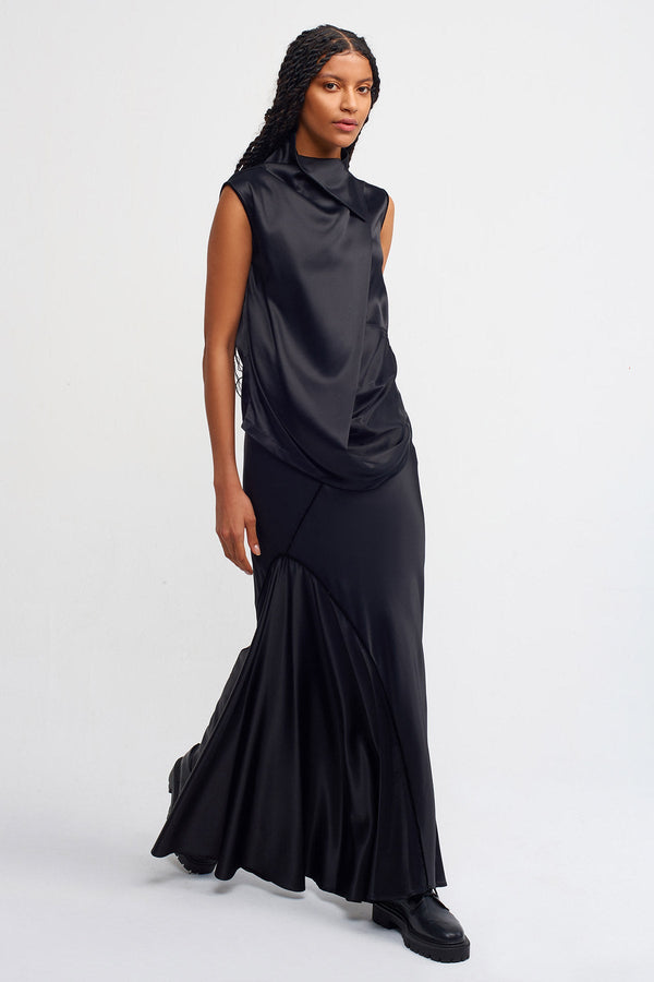 Nu Satin Draped Sleeveless Blouse Black