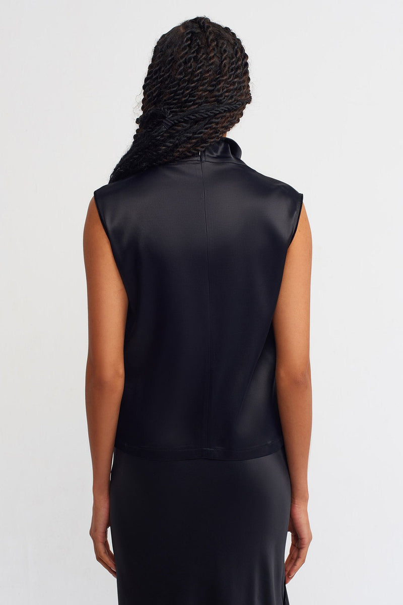 Nu Satin Draped Sleeveless Blouse Black