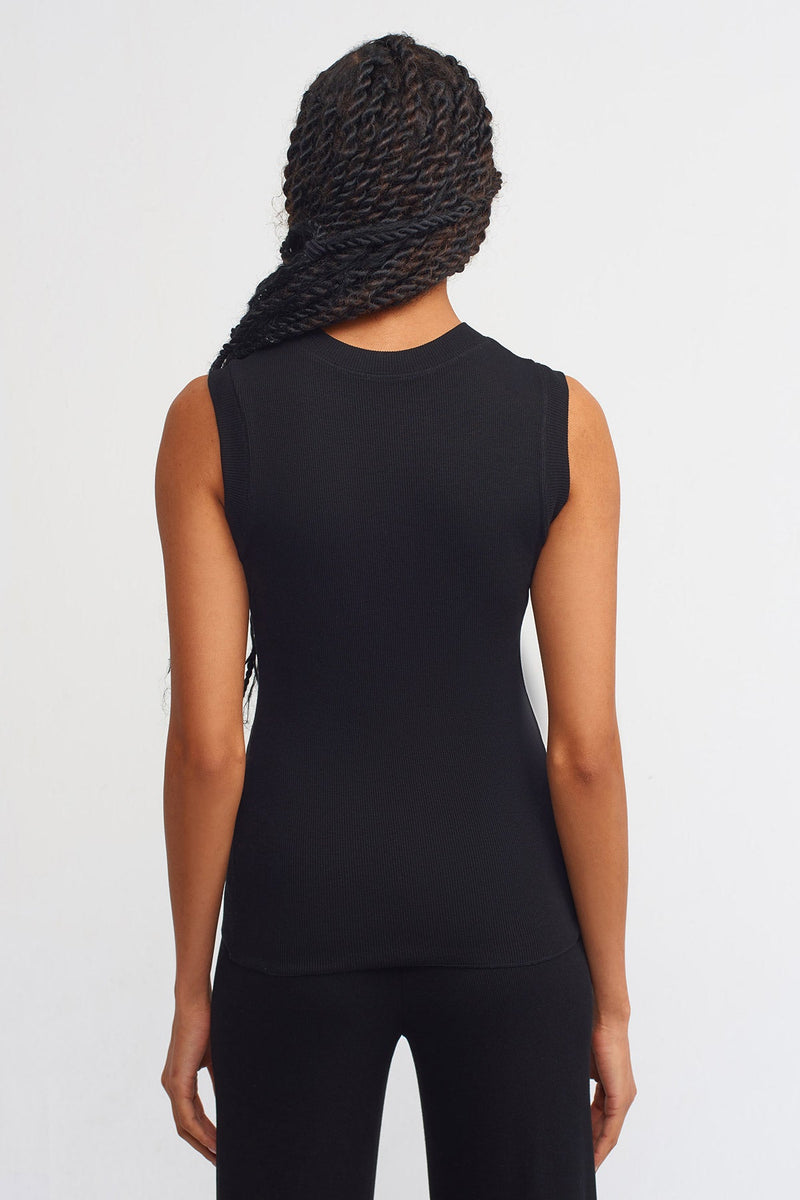 Nu Front Slit Detail Ribbed Top Black