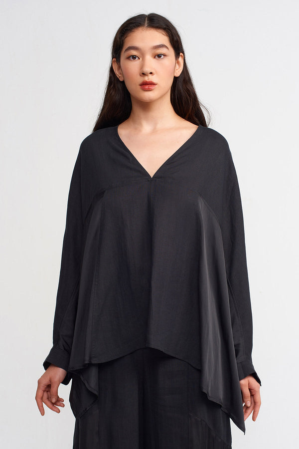 Nu Linen Mix Satin Blouse Black