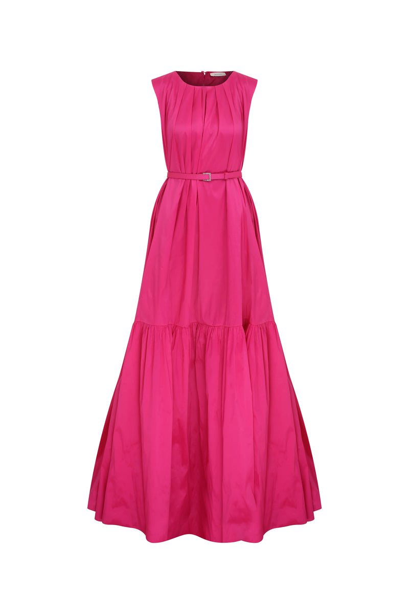 Roman Belt Detailed Taffeta Evening Dress Fuchsia