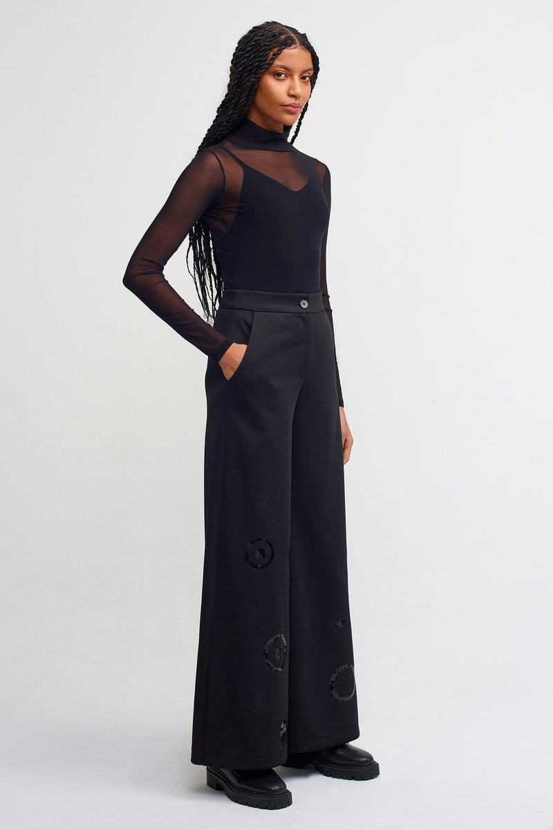 Nu Wide Leg Trousers With Embroidered Detail Black