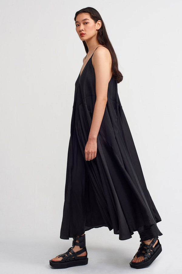 Nu Thin Strap Linen Mix Satin Dress Black