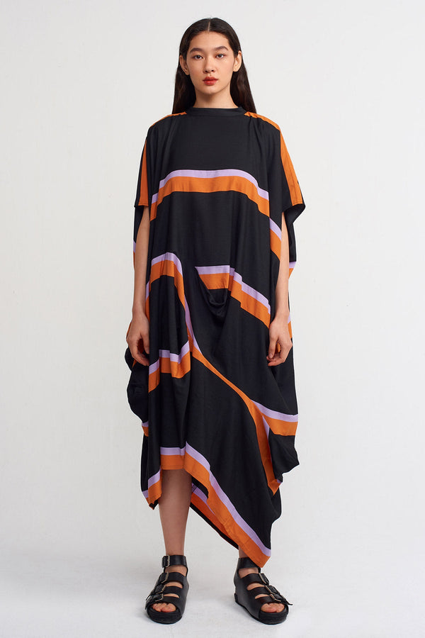 Nu Multi-Colored Striped Asymmetrical Dress Black/Orange