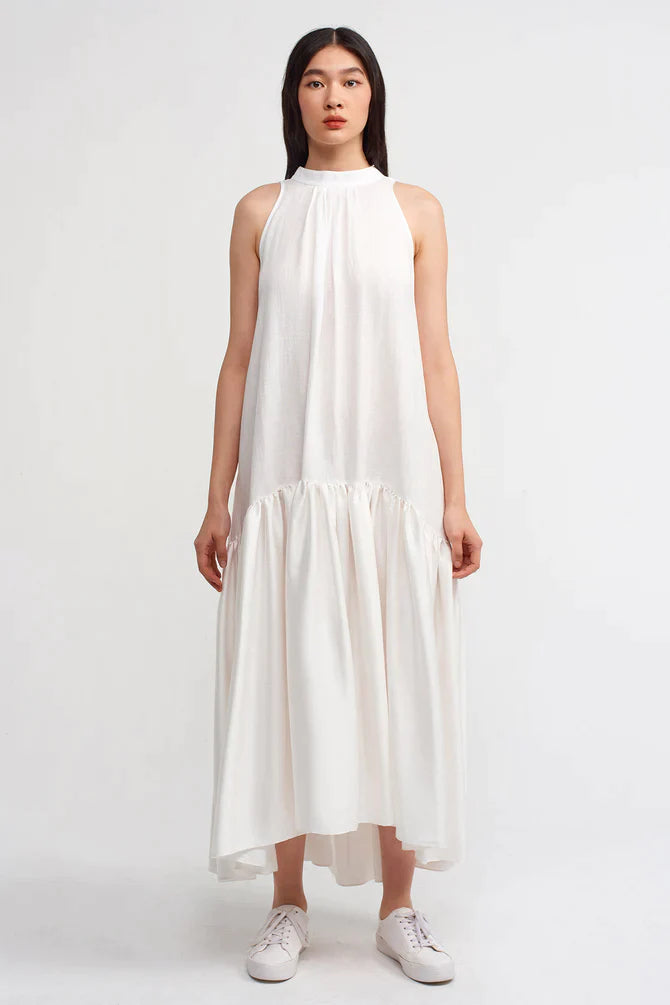 Nu Linen Mix Satin Halter Dress Off White