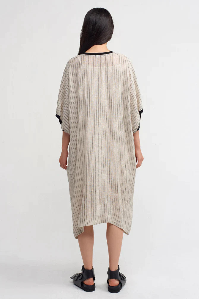 Nu Striped With Ribbed Detail Dress Light Grey-Black