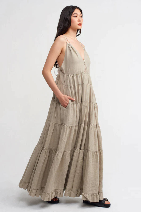 Nu Strappy Tiered Detail Maxi Dress Light Grey