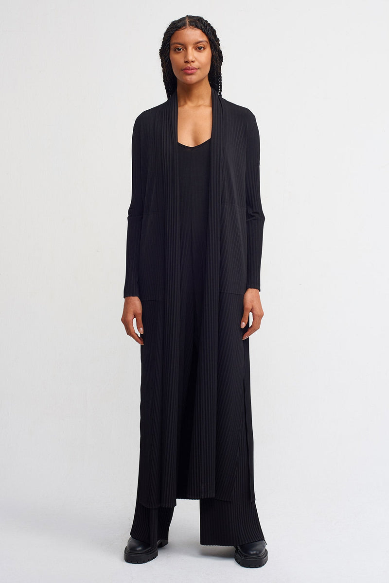 Nu Slit Detailed Long Pleated Cardigan Black