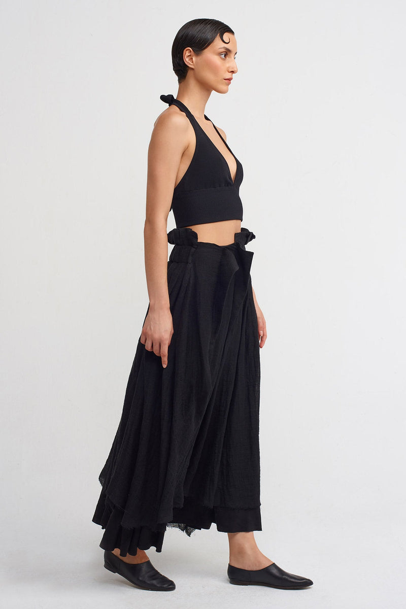 Nu Asymmetric Waist Linen Midi Skirt Black