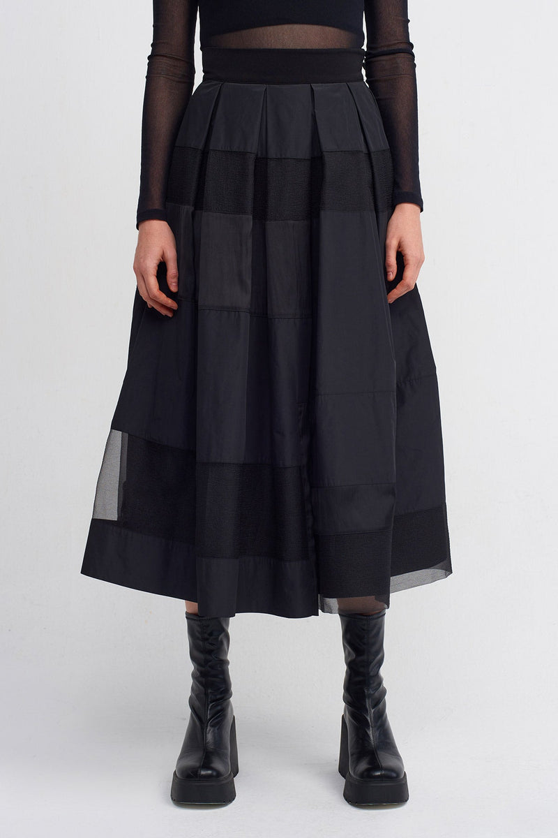 Nu Taffeta And Organza Ribbon Pleated Midi Skirt Black