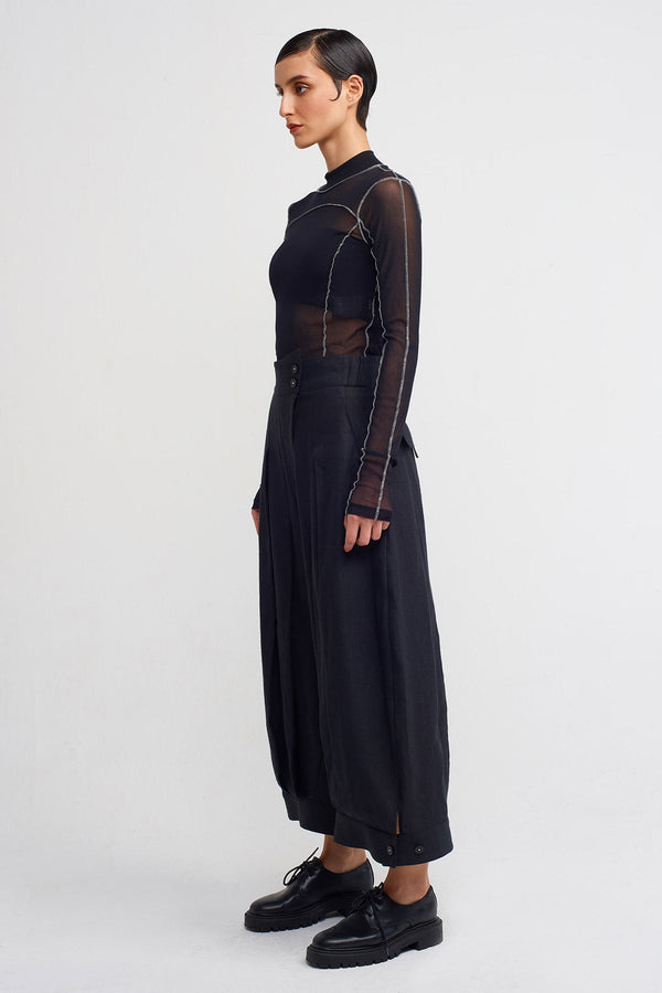 Nu Wrap Closure Wide-Leg Linen Trousers Black