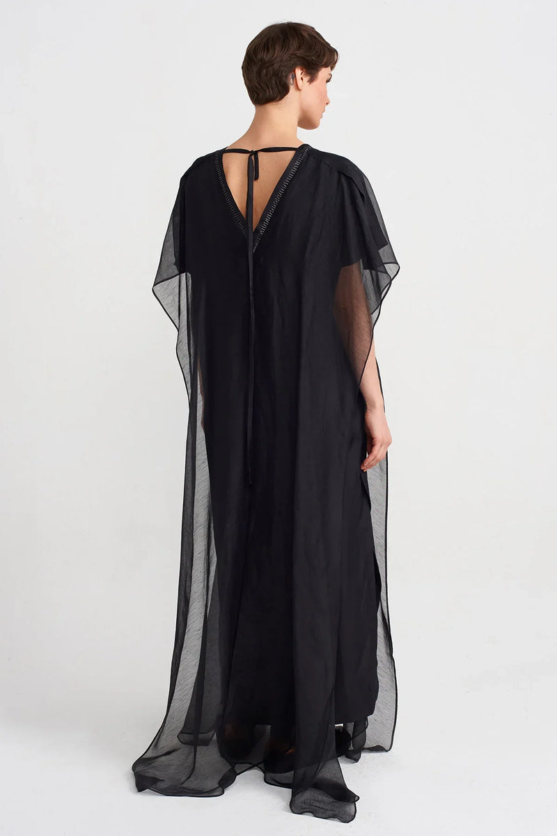 Nu Stitched Collar Long Kaftan Dress Black