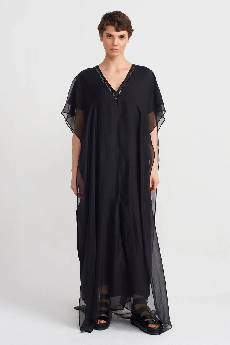 Nu Stitched Collar Long Kaftan Dress Black