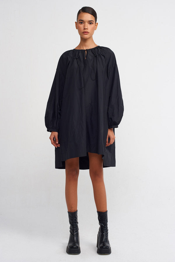 Nu Long Sleeve, Ruched Detail Short Taffeta Dress Black