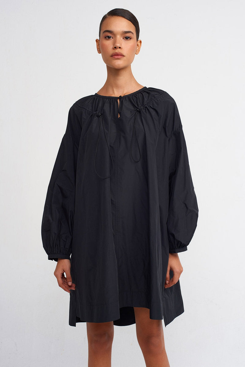 Nu Long Sleeve, Ruched Detail Short Taffeta Dress Black