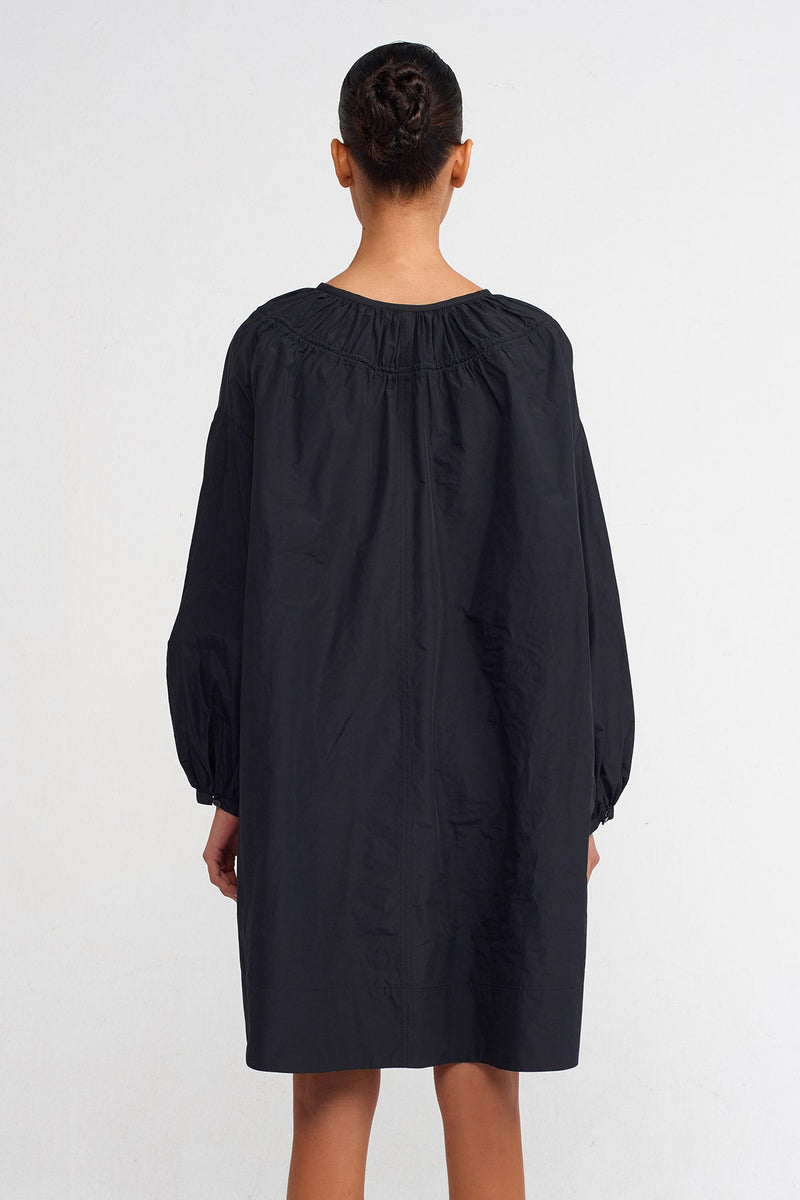 Nu Long Sleeve, Ruched Detail Short Taffeta Dress Black