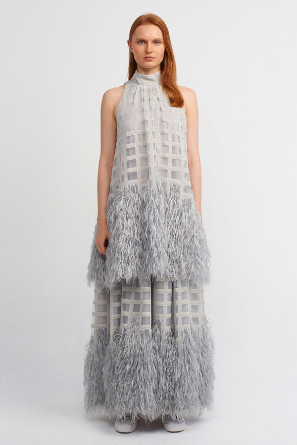 Nu Feathered Hem, Maxi Length Elegant Dress Ice