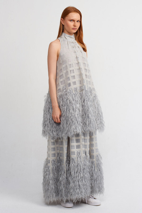 Nu Feathered Hem, Maxi Length Elegant Dress Ice