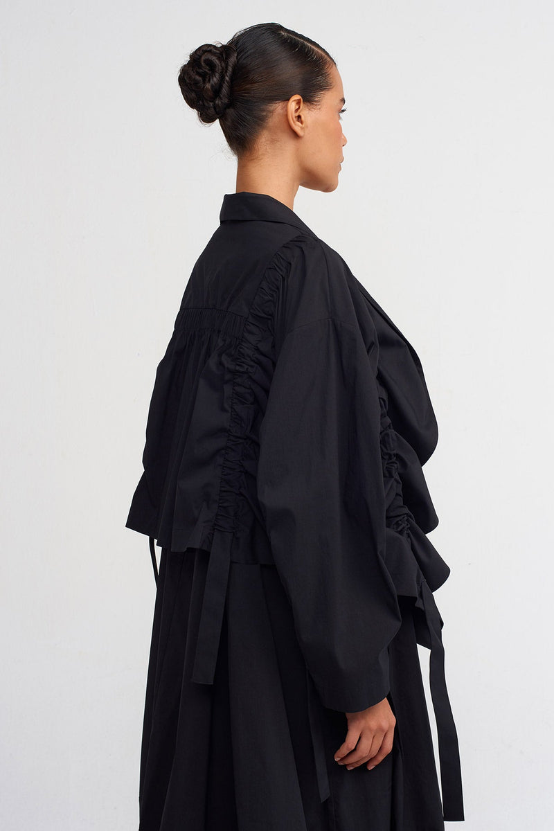 Nu Ruffle Detail Short Poplin Jacket Black