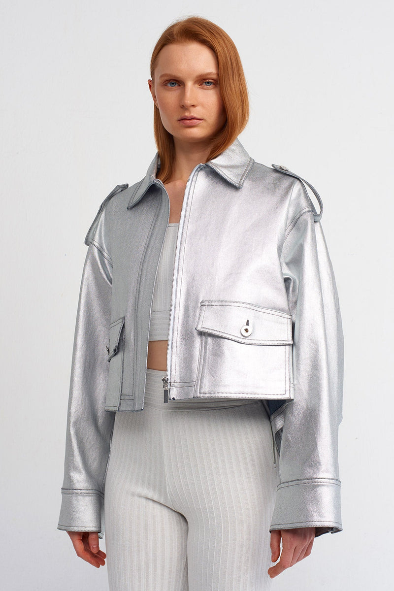 Nu Epaulet Short Biker Jacket Silver