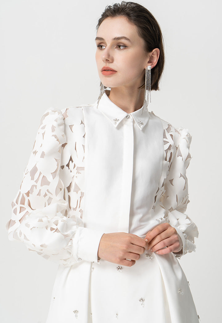 Choice Solid Laser Cut Fabric Organza Shirt Offwhite