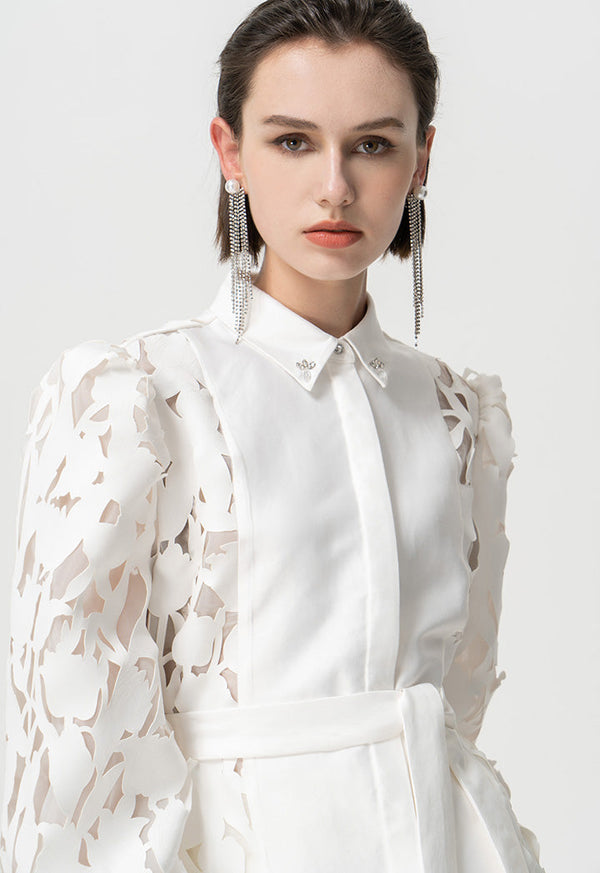 Choice Solid Laser Cut Fabric Organza Shirt Offwhite