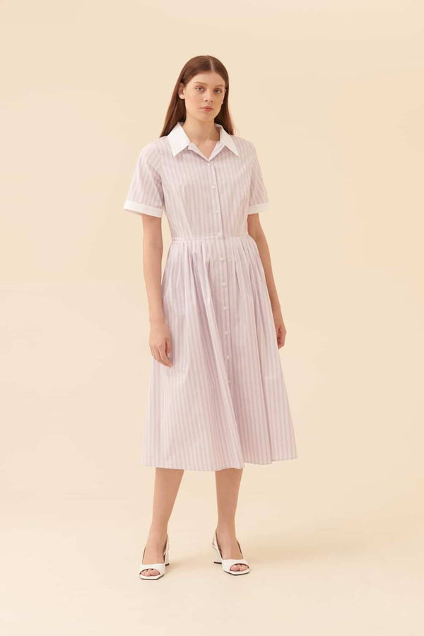 Roman Striped Short Sleeves Shirt Dress Lilac