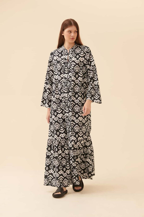 Roman Patterned Print Maxi Dress Black-White