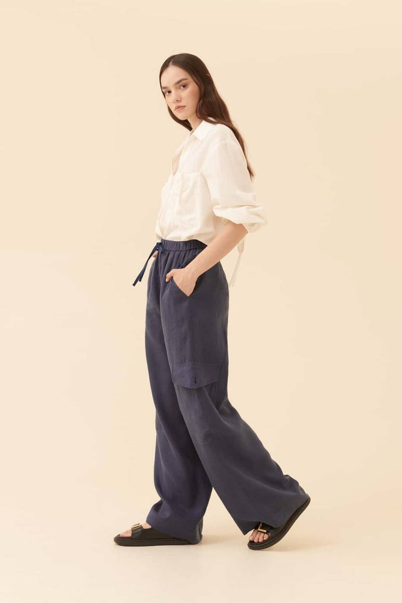 Roman Solid Wide Leg Trousers Navy Blue