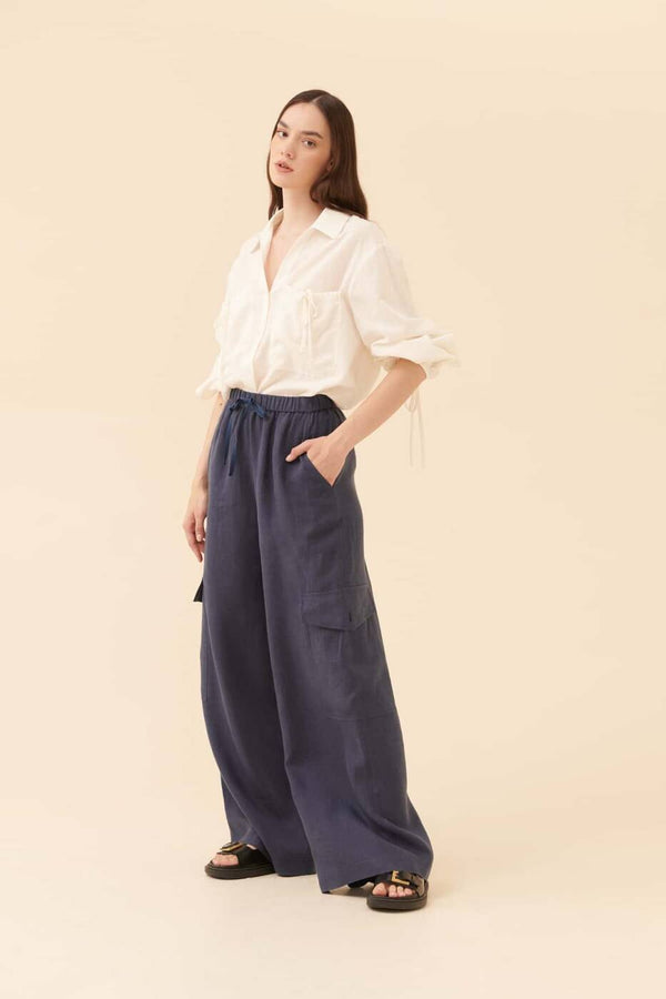 Roman Solid Wide Leg Trousers Navy Blue